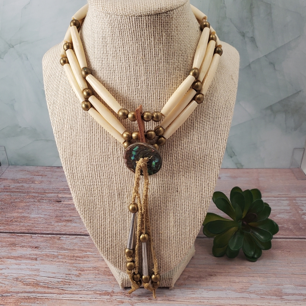 Vintage 1960's Bone, Brass, Leather Choker